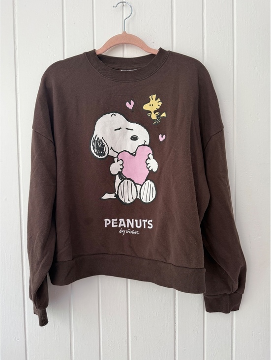 Peanuts Tops - Peanuts by Schulz Brown Crewneck Sweatshirt with Snoopy and Woodstock Heartprint